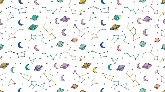 Seamless pattern with cute minimalist constellations moon and planets