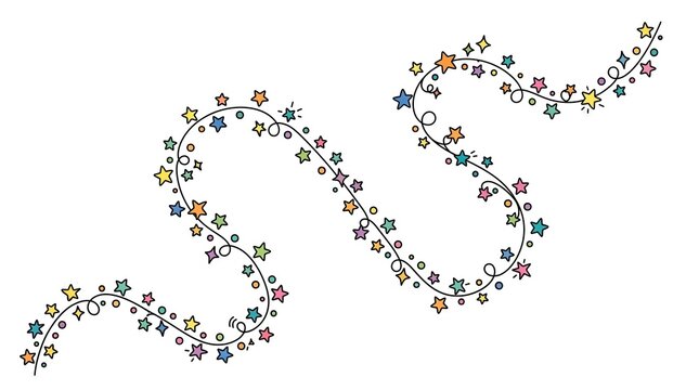 Colorful star string lights garland curved festive border illustration