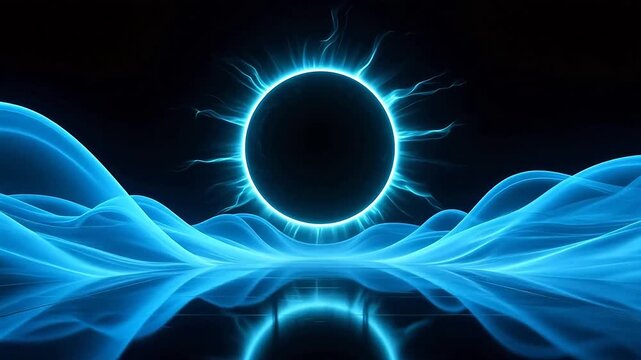 Black sun with blue corona over reflective waves