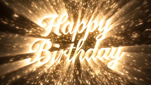 Golden Script 'Happy Birthday' text forms dynamically with shimmering particles and radiant light bursts against a deep obsidian backdrop