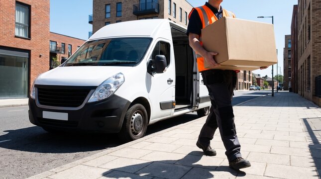 Professional delivery courier carrying a cardboard parcel from a white cargo van on a city street