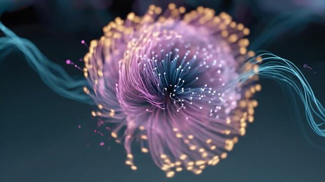 Abstract Particle Formation: An intricate 3D render captures the birth of an abstract particle, with delicate fibers radiating outward.
