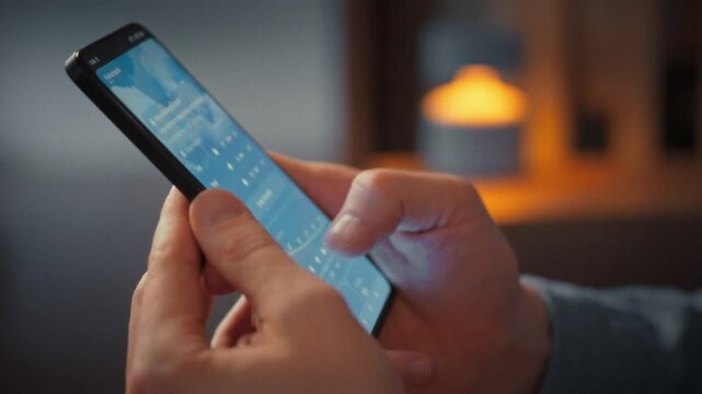 In serene home setting, man checks his smartphone for the upcoming weather forecast. A close-up of the touch screen displays the forecast, illustrating how mobile technology simplifies daily planning