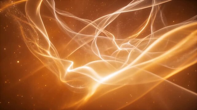 Mesmerizing golden-orange flowing abstract energy ribbons softly undulate and twist through a warm, glowing particle-filled background, creating