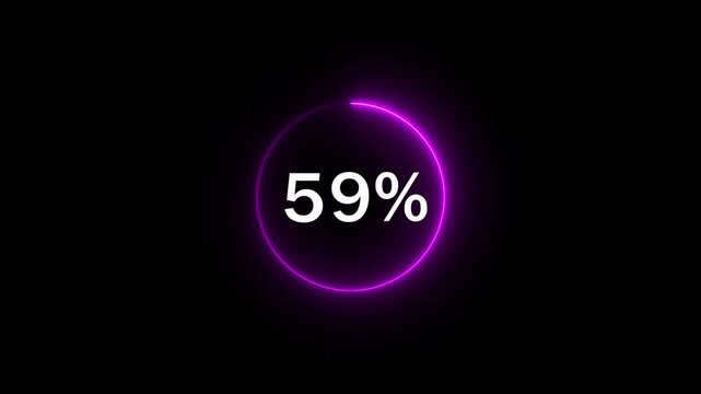 Glowing neon circle with 59 percent text icon animation light effect modern minimal clean shiny typography counter progress meter loading indicator loop seamless black background animation.