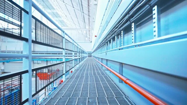 A forward tracking shot moving along a long elevated metal grated walkway inside an industrial or engineering facility, flanked by mesh safety railings on one side and a wall-mounted pipe on the other