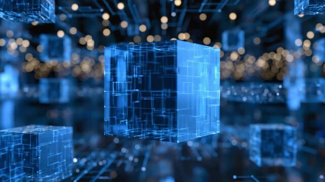 Abstract Digital Network: A mesmerizing abstract visualization depicts interconnected glowing cubes forming a digital network, representing data flow, artificial intelligence, or advanced technology.