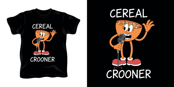 Vintage style cereal crooner cartoon mascot holding microphone vector t-shirt design in warm orange and red colors perfect for classical jazz music lovers.