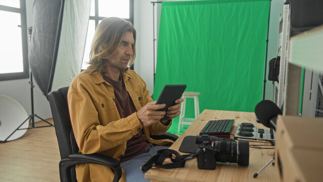 Man photographer holds tablet and types keyboard in studio with green screen and camera gear; focused creativity.