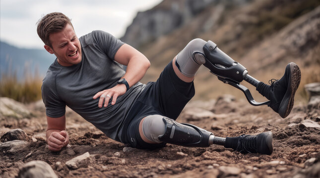 Parathlete falling on rocky mountain trail during outdoor training. Amputee runner with bilateral prosthetic legs experiencing accident while hiking.