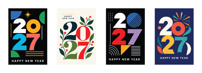 Four colorful new year 2027 graphic designs for celebrations and festive greetings © MDUNUS