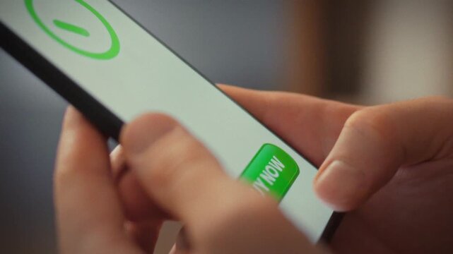 Man quickly finalizes online purchase on his smartphone, seeing the payment confirmation flash instantly. The swift notification showcases e-commerce's ease, handy alternative to shopping in stores