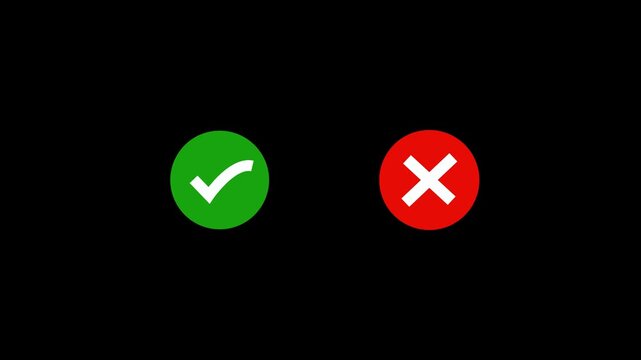 Video footage of yes or no, true or false with alpha channel. check mark and cross mark signs icon animation, pop-up green check mark and red cross X symbol.  check mark and cross mark signs icon amin