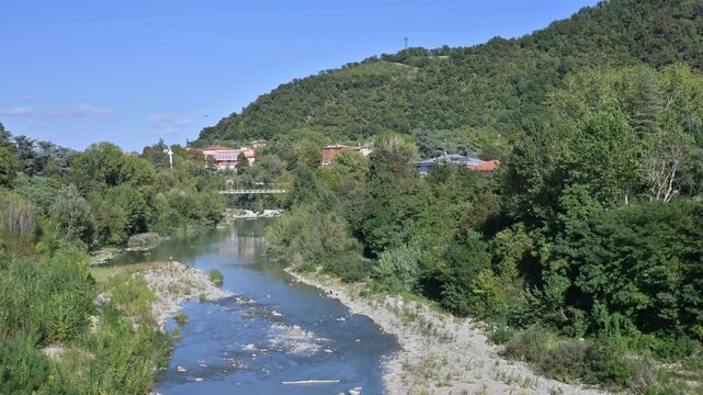 Casalecchio di Reno, Reno River, Bologna, Emilia-Romagna, Italy, river, river landscape, nature, landscape, green hills, riverside, riverbank, water, Italian landscape, vegetation, trees, countryside,
