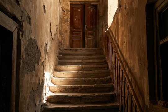 Narrow stairs and weathered doorway in a vintage urban apartment block in Kyrgyzstan