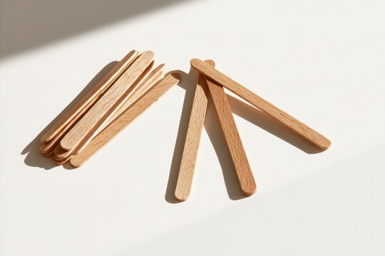 Natural wooden coffee stirrers arranged neatly on a pure white background