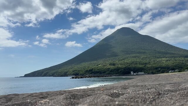 Mount Kaimon from black sand Kawajiri beach, Ibusuki, Kagoshima, Japan