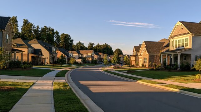 Newly built homes on a quiet tree-lined street in Raleigh, North Carolina
