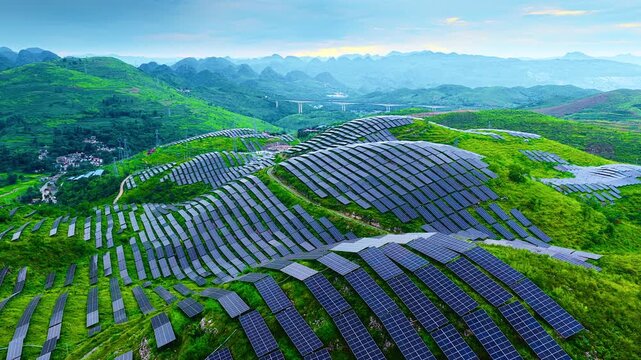 High-angle shot shows solar panels arranged along lush green hillsides in Guizhou province.
