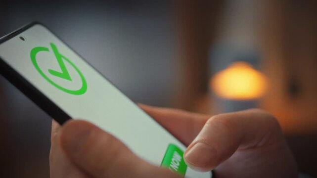 Man's finger taps the pay button on mobile online store screen, triggering brief pause before the display flashes confirmation-payment successful-highlighting seamless, secure one-touch transactions