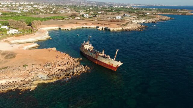 Edro III Shipwreck, Cyprus, Drone Shot of Stranded Cargo Ship Tourist Attraction Near Paphos City