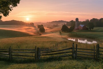 Fototapeta premium Pastoral Morning on a Tennessee Farm: Rolling Fields, Silhouetted Barn, and Warm Sky