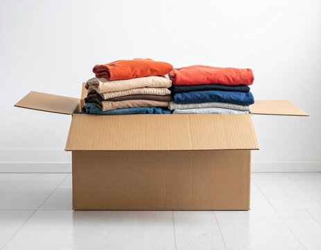 Neatly folded clothes stacked in an open cardboard box