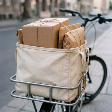 Twine tied parcels in a canvas bag on a bicycle cargo rack