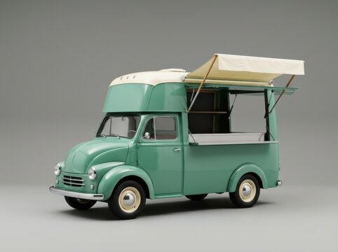Retro Food Truck with Awning on Gray Studio Background