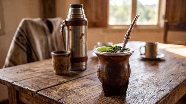 Traditional chimarrao mate gourd with metal bombilla on rustic wooden table, southern Brazil culture