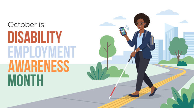 October is Disability Employment Awareness Month vector illustration banner featuring a visually impaired business woman walking with a white cane and smartphone outdoors in the city