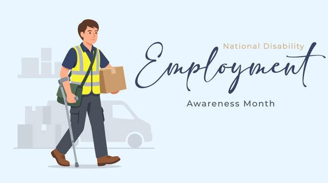 National Disability Employment Awareness Month vector illustration with a delivery worker holding a package and using a crutch in front of warehouse boxes and a delivery truck