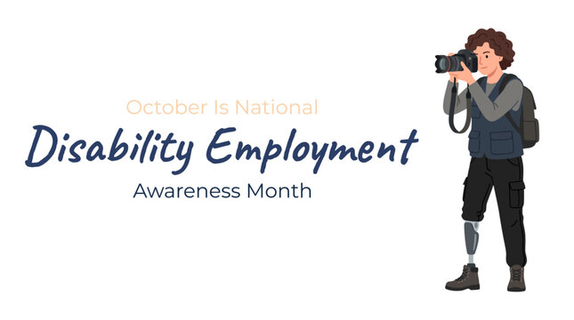 National Disability Employment Awareness Month concept design with a photographer character with a prosthetic leg and camera isolated on a white background