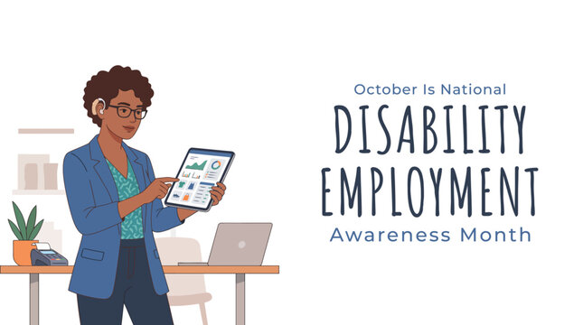 National Disability Employment Awareness Month vector illustration with woman holding tablet in office