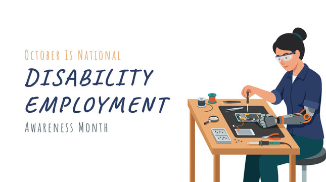 National Disability Employment Awareness Month illustration featuring a worker with prosthetic arm sitting at a workbench repairing electronics with tools in a modern office or workshop envi