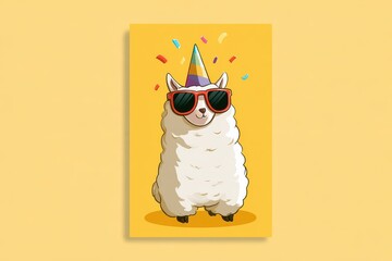 Fototapeta premium Playful Alpaca Birthday Character Wearing Sunglasses and Hat in Sunny Card Design