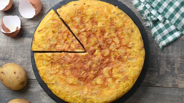 Close-up video of a traditional Spanish tortilla rotating on a plate, showing its golden surface and homemade texture. Classic potato and egg omelette from Spanish cuisine.