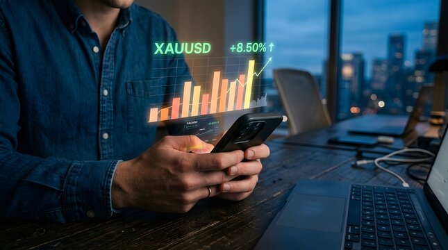 Trader monitoring live foreign exchange rates and rising financial trading charts projected virtually from a smartphone screen at night.