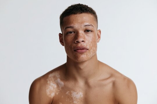 Portrait of a handsome man with vitiligo in a clean white background