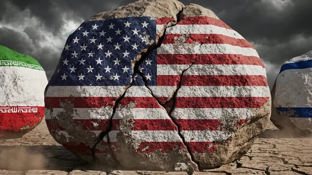 Geopolitical tension and conflict concept featuring cracking usa, iran, and israel flags painted on boulders in a barren desert landscape