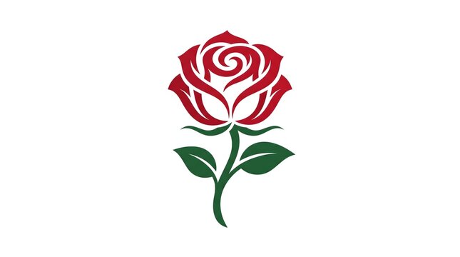 A stylized vector illustration of a red rose flower with a green stem and leaves, isolated on a clean white background, perfect for logo and emblem designs.