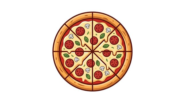 Top view vector illustration of a whole pizza cut into eight equal slices with pepperoni, mushrooms, and basil leaves toppings on a white background.
