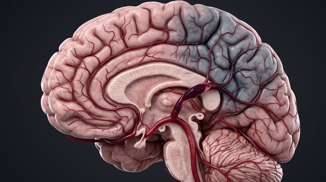 Anatomical illustration of the human brain showing cerebral cortex and circulatory system