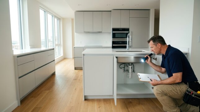 Property inspector checking plumbing under kitchen sink in empty apartment