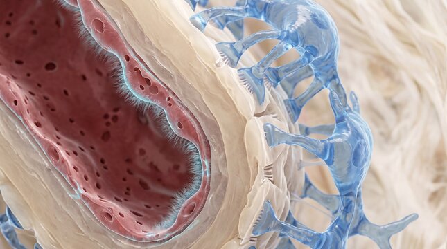 3D medical illustration of a capillary blood vessel with podocytes and glomerular filtration