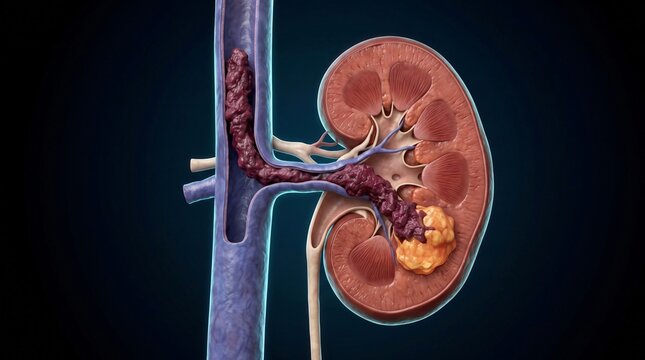 3D medical illustration of renal artery aneurysm and kidney anatomy with inferior vena cava