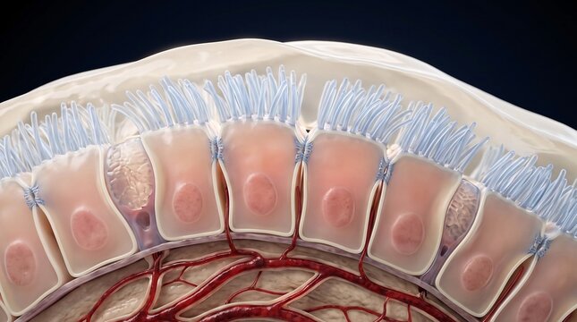 3D medical illustration of respiratory epithelium with cilia and blood vessels