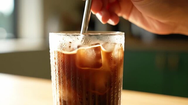 Close-up of a hand stirring iced coffee with a metal straw in a condensation-covered glass on a sunny morning tabletop.