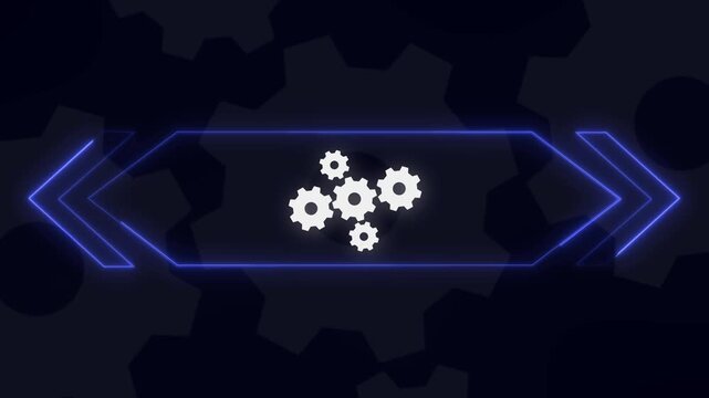 Hexagon frame animation encloses industrial machine cog icons. Automated mechanical engineering telemetry routes on hexagon frame animation. Robotic hubs use the frame.