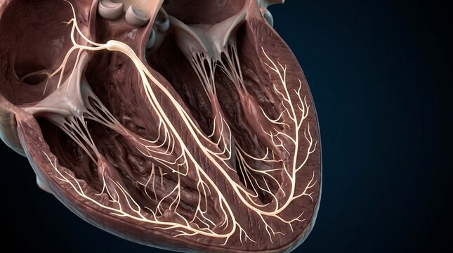 3D anatomical illustration of the human heart showing the electrical conduction system